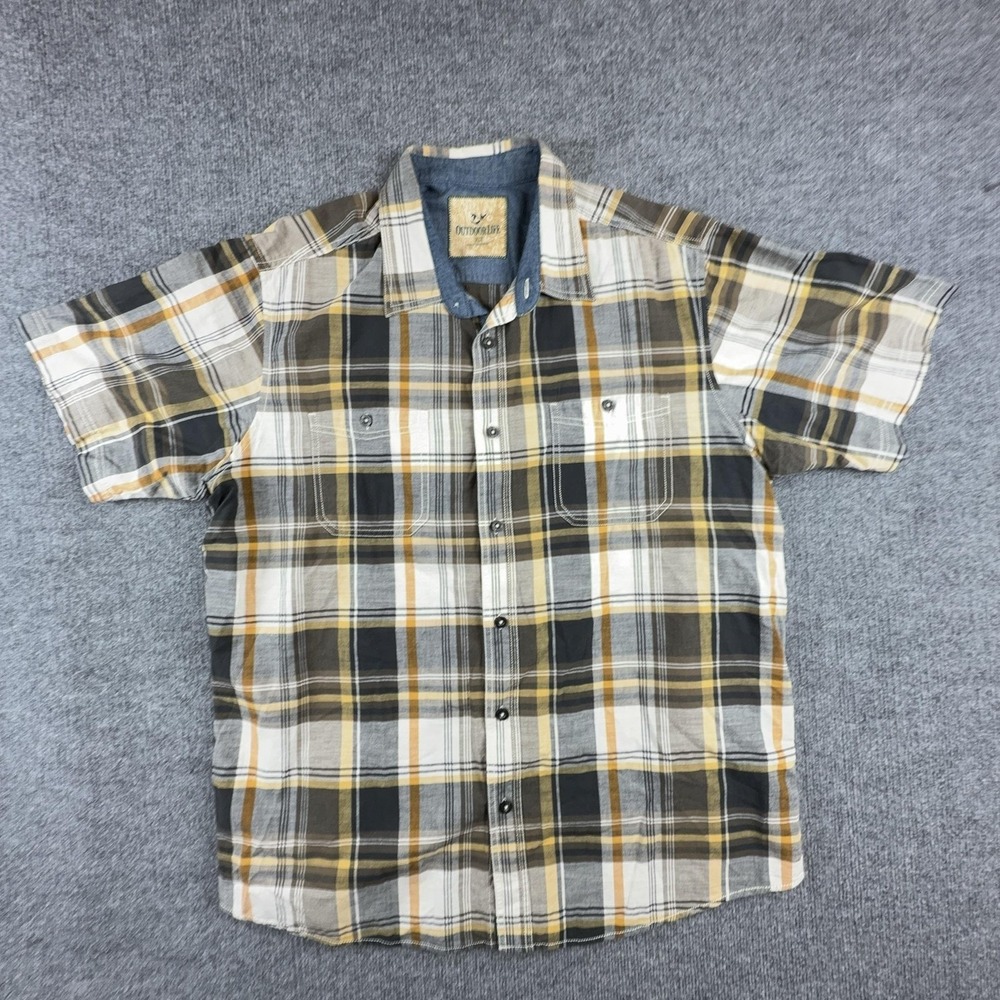 Outdoor Life Shirt Mens XLT Brown Yellow Plaid Short Sleeve Button Up Cotton
